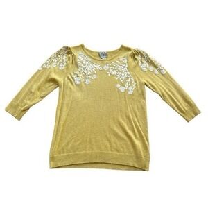 Rain+Rose Angora Blend Floral Embroidery Sweater Medium Yellow/White Puff Sleeve